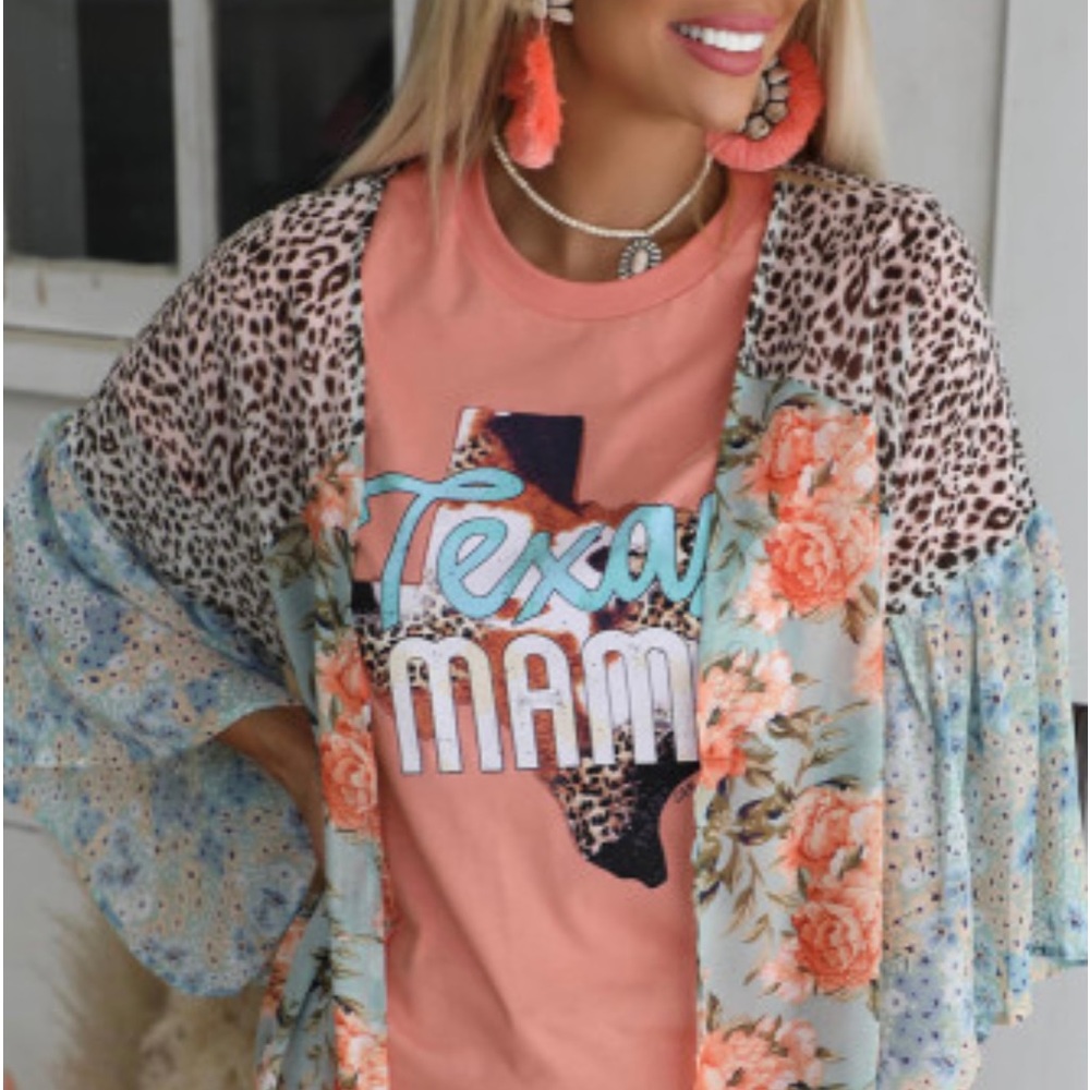 Sky Blue Leopard Floral Wide Sleeves Kimono
